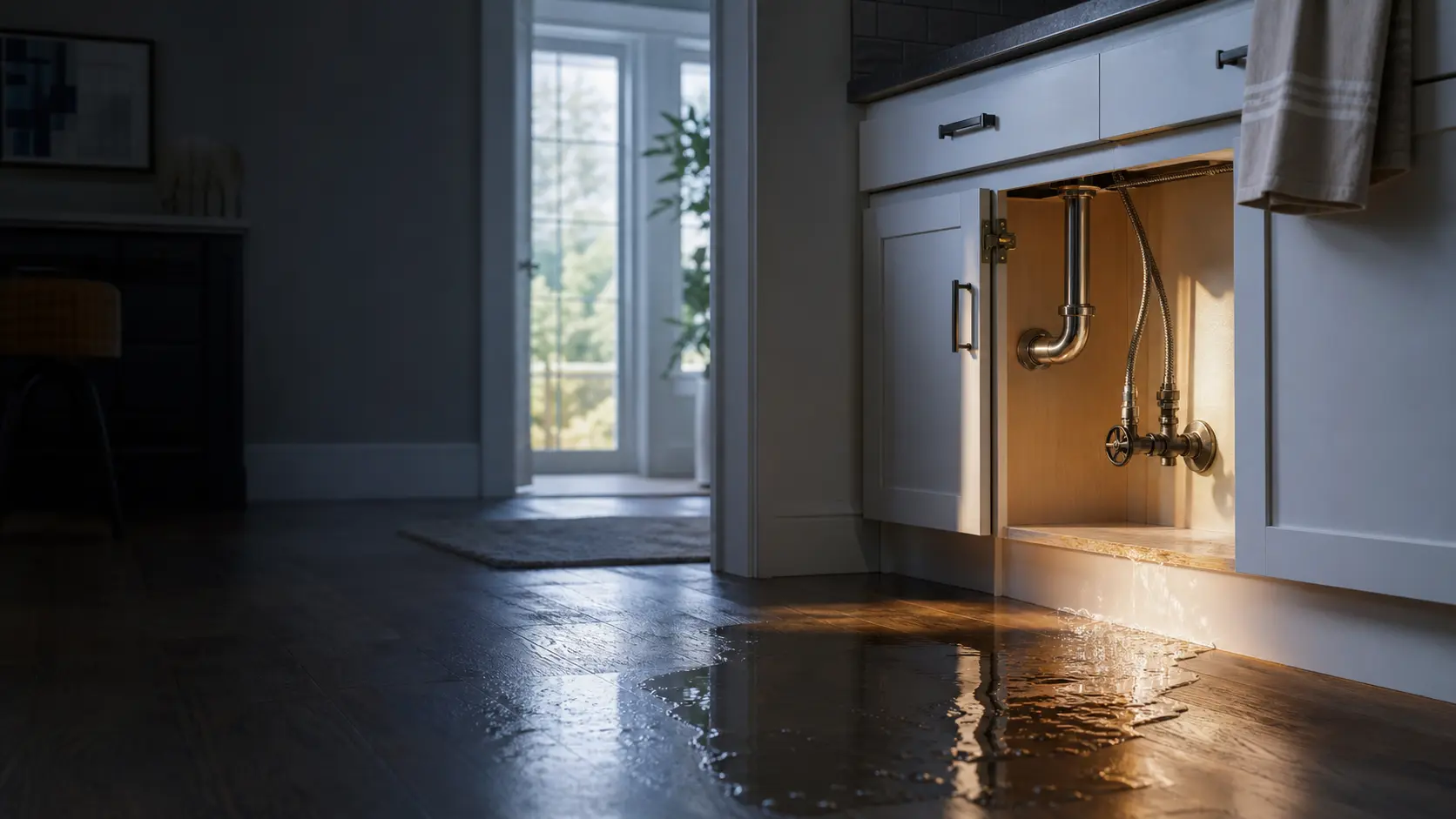 Water from a plumbing leak spreading across a kitchen floor